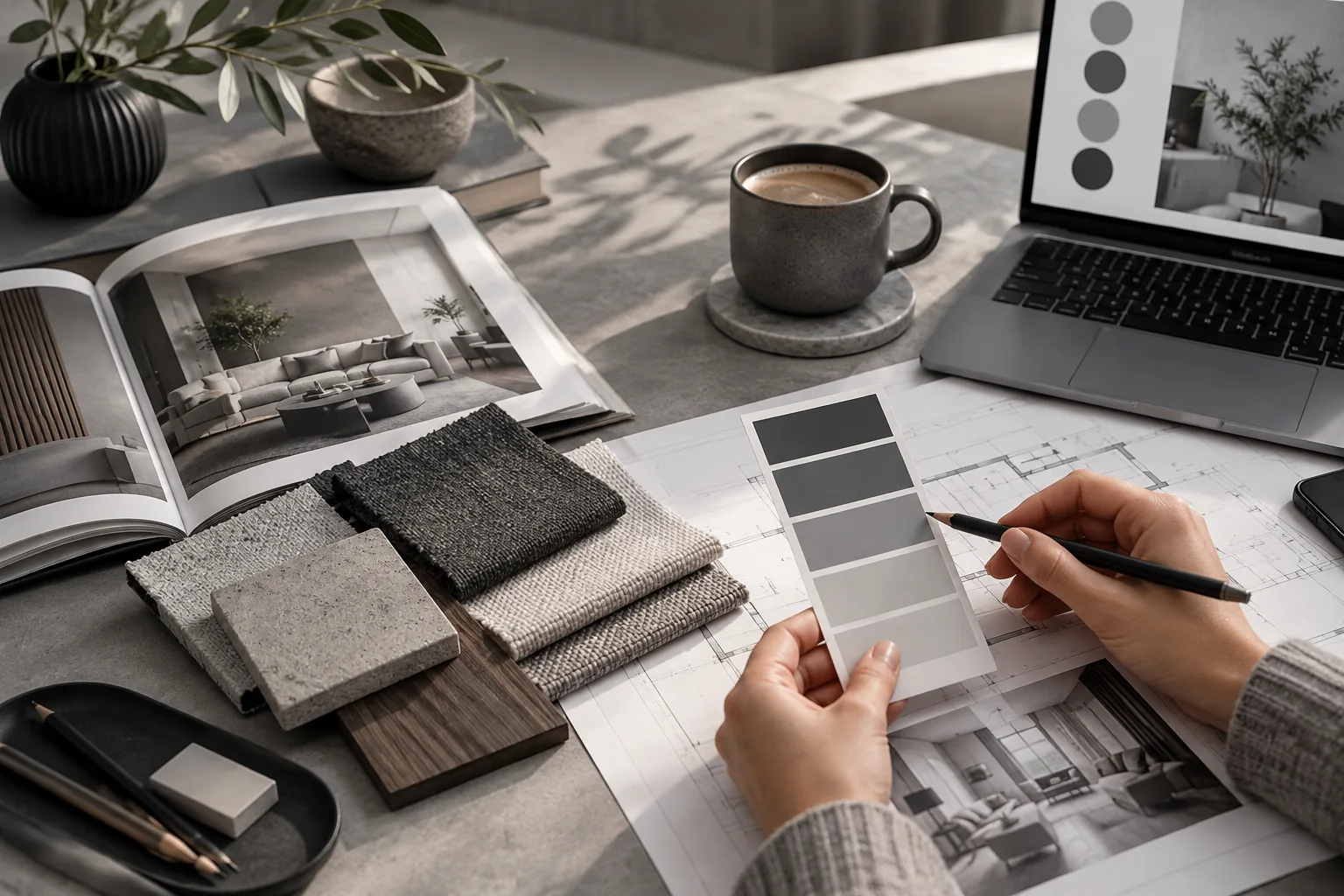 Curated interior design material samples and architectural design workspace