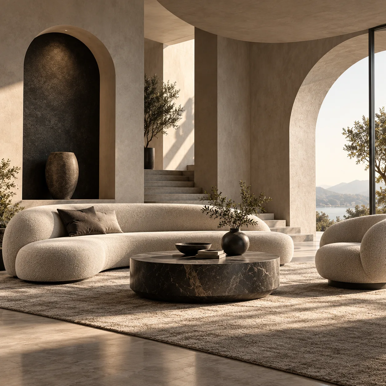 Sculptural curved forms in a contemporary living room